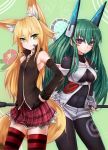  2girls animal_ears back-to-back bodysuit breasts detached_sleeves fingerless_gloves fox_ears fox_tail green_eyes green_hair haik_(artist) hand_on_hips kokonoe_tsubaki menou_kaname navel original popped_collar shorts skirt smirk striped_legwear tail thigh-highs under_boob violet_eyes 