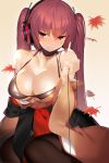 1girl autumn_leaves bangs bare_shoulders bikini black_bikini black_legwear blush breasts brown_background cleavage closed_mouth collarbone commentary_request eyebrows_visible_through_hair halter_top halterneck head_tilt headphones highres holding_cable japanese_clothes kimono kimono_pull large_breasts machimura_komori nose_blush obi off_shoulder orange_kimono original pantyhose red_eyes redhead sash sidelocks simple_background sitting solo sweat swimsuit twintails wariza wide_sleeves 
