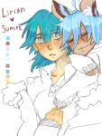  2boys ambiguous_gender animal_ears blue_eyes blue_hair kazehime8 male sketch tegaki_e 