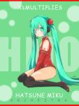  1girl artist_name boots character_name detached_sleeves green_eyes green_hair hatsune_miku headset kowiru letterboxed long_hair sitting solo thigh-highs thigh_boots twintails very_long_hair vocaloid wariza 