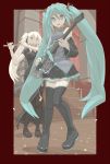  2girls aqua_eyes aqua_hair bokaa_(exploration) boots detached_sleeves dress electric_guitar flute guitar hatsune_miku headset highres instrument long_hair mabinogi nao necktie skirt thigh-highs thigh_boots twintails very_long_hair vocaloid white_hair 