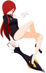  1girl breasts cross crossed_legs finger_to_mouth flats hair_over_one_eye inverted_cross large_breasts long_hair minidress parasoul_(skullgirls) pokki_(sue_eus) redhead sitting skullgirls solo sweater_dress umbrella very_long_hair yellow_eyes 