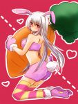  1girl animal_ears blush breasts bunny_tail carrot crop_top gloves heart kneeling long_hair lyrical_nanoha mahou_shoujo_lyrical_nanoha mahou_shoujo_lyrical_nanoha_a&#039;s mikaze paw_gloves rabbit_ears red_eyes reinforce shorts silver_hair smile solo striped striped_legwear tail thigh-highs 