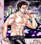  1boy abs black_hair inagaki_joe jewelry last_bronx leather_pants male momojiri_(kari) muscle navel nunchaku pectorals ring shirtless short_hair slicked_back_hair solo 