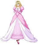  1girl blonde_hair blue_eyes brooch curly_hair dress elbow_gloves elf frilled_dress frills gloves gown high_heels himekishi_olivia jewelry laura_elfinrine long_hair official_art pink_dress pointy_ears ribbon shoes shoulder_pads smile solo tiara white_background 