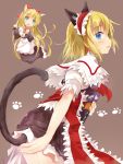  1girl alice_margatroid animal_ears apron blonde_hair blue_eyes blush bow capelet cat_ears cat_paws cat_tail efe embellished_costume hair_bow hairband kemonomimi_mode long_hair open_mouth paws shanghai_doll short_hair simple_background solo tail touhou 