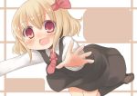  1girl blonde_hair blush fang hair_ribbon looking_at_viewer nami_(cassette) open_mouth outstretched_arms red_eyes ribbon rumia short_hair smile solo touhou 