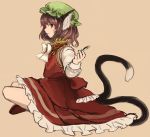  1girl animal_ears brown_eyes brown_hair cat_ears cat_tail chen earrings fish food_in_mouth hat inazakura00 jewelry looking_at_viewer multiple_tails profile simple_background sitting solo tail touhou 
