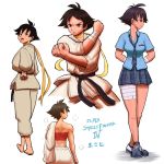  1girl ahoge bandages barefoot black_hair brown_eyes character_sheet dougi fighting_stance jacket_over_shoulder looking_away makoto necktie no_socks plaid plaid_skirt scarf shoes short_hair short_sleeves skirt smile sneakers solo street_fighter street_fighter_iii street_fighter_iii:_3rd_strike street_fighter_iv super_street_fighter_iv sweat tomboy tubetop ziaaazi 