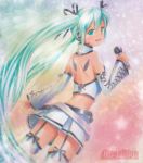  1girl artist_name detached_sleeves garter_straps green_eyes green_hair hair_ribbon hatsune_miku long_hair looking_back mayo_riyo microphone midriff open_mouth ribbon skirt solo tattoo thigh-highs traditional_media twintails very_long_hair vocaloid 