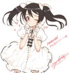  1girl black_hair bow dress gloves hair_bow hair_ribbon heart index_finger_raised long_hair looking_at_viewer love_live!_school_idol_project ooyari_ashito puffy_sleeves raised_finger red_eyes revision ribbon simple_background smile solo twintails white_background white_dress white_gloves white_ribbon wink yazawa_nico 