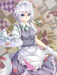  1girl apron blue_eyes braid breasts checkered checkered_background cup dress dress_shirt female gloves izayoi_sakuya maid maid_headdress ribbon roman_numerals shirt short_hair silver_hair solo teacup teapot touhou tray twin_braids wakame_mi 