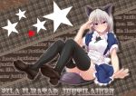  1girl animal_ears ashuku black_legwear character_name eila_ilmatar_juutilainen grey_hair highres maid mary_janes panties shoes smile solo star strike_witches tail thigh-highs underwear violet_eyes 