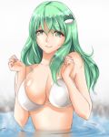  1girl bikini breast_press breasts bust frog_hair_ornament green_eyes green_hair hair_ornament kochiya_sanae lips long_hair smile solo swimsuit touhou water x&amp;x&amp;x 