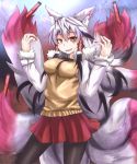  1girl animal_ears black_hair fingernails fox_ears fox_tail hair_tubes multicolored_hair multiple_tails nail_polish open_mouth pantyhose red_eyes sharp_fingernails sharp_teeth skirt smile solo sumapan tail vest white_hair 