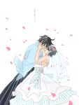  1boy 1girl black_hair bridal_veil bride chikichiki_(robitema) closed_eyes couple dress fuura_kafuka glasses itoshiki_nozomu japanese_clothes petals sayonara_zetsubou_sensei short_hair spoilers tears veil wedding_dress 