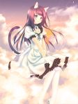  1girl animal_ears blue_eyes brown_hair cat_ears cat_tail clouds dress high_heels pantyhose shoes sitting_on_object sky tagme tail touto_seiro white_legwear 