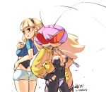  2girls antennae ass back-to-back blonde_hair blue_eyes bodysuit breasts character_request cleavage crotch_plate dated hairband junkpuyo large_breasts long_hair multiple_girls original purple_hair short_hair short_shorts shorts sunglasses trefoil 