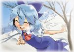  1girl blue_hair bow cirno dress hair_bow ice ice_wings laughing miyaji pointing pointing_at_viewer short_hair solo touhou wings 