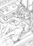  1girl 2girls blue_eyes blush breasts brown_hair cleavage eating hair_ornament japanese_clothes kebab kimono long_hair looking_at_viewer lying monochrome multiple_girls on_side original short_hair silver_hair sitting sketch sleeping smile solo translation_request yui_7 