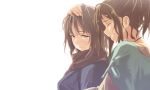  2girls blush brown_hair closed_eyes grin hand_on_head long_hair multiple_girls original scarf short_hair smile yui_7 