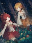  2girls blonde_hair cuivre drill_hair flower forest holding_hands long_hair mahou_shoujo_madoka_magica multiple_girls nature ponytail red_eyes redhead sakura_kyouko skirt thigh-highs tomoe_mami twin_drills twintails wink yellow_eyes 