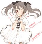 1girl black_ribbon bow dress gloves grey_hair hair_bow hair_ribbon heart index_finger_raised long_hair looking_at_viewer love_live!_school_idol_project ooyari_ashito puffy_sleeves raised_finger red_eyes ribbon simple_background smile solo striped striped_ribbon twintails white_background white_dress white_gloves wink yazawa_nico 