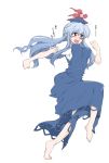  1girl barefoot blue_hair hat highres hmx99_elf kamishirasawa_keine long_hair multicolored_hair open_mouth red_eyes running simple_background solo touhou two-tone_hair white_background white_hair 