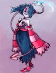  1girl bare_shoulders blue_hair corset detached_sleeves full_body hair_over_one_eye leviathan_(skullgirls) long_hair long_skirt pale_skin red_eyes rubin side_ponytail skirt skull skullgirls smile solo squigly_(skullgirls) stitched_mouth striped striped_legwear zombie 