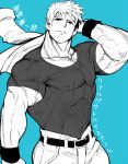  1boy jacket_over_shoulder mabataki monochrome muscle nagumo_keiichirou pectorals real_bout_high_school short_hair solo t-shirt translated wristband 