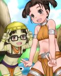  2girls bare_shoulders blush bracelet brown_eyes brown_hair character_request double_v dragon_quest dragon_quest_x e10 glasses green_skin hat jewelry multiple_girls navel open_mouth red_eyes sky slime_(dragon_quest) smile tagme thigh-highs v 