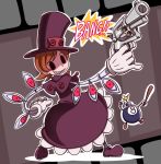  1girl bomb dress gloves gun hat mechanical_arms nollety orange_hair peacock_(skullgirls) red_eyes revolver sharp_teeth skullgirls solo top_hat weapon 