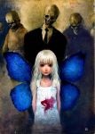  1girl 2013 abstract acrylic_paint_(medium) blood butterfly_wings dress formal grey_hair hime_cut inyou_s long_hair looking_at_viewer original red_eyes skull standing suit traditional_media white_dress wings 