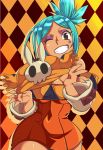  1girl aqua_hair breasts cerebella_(skullgirls) checkered checkered_background cleavage dark_skin detached_sleeves eyeshadow facial_tattoo grin hat hat_removed headwear_removed large_breasts lipstick living_clothes makeup minidress miyaji side_ponytail skullgirls smile tattoo wink 