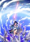  1girl ;d arm_up bare_legs blue_hair boots dress hinanawi_tenshi icicle keystone lace-up_boots long_hair open_mouth red_eyes saki_chisuzu sky smile solo sword_of_hisou touhou wink 