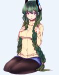  alternate_hairstyle braid green_hair long_hair menou_kaname original pantyhose robot_ears seiza shimako_(mehr) shorts sitting sweater twin_braids violet_eyes 
