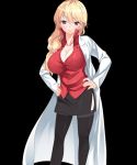  blonde_hair breasts daikichaimashita! glasses hands_on_hips hinasaki labcoat large_breasts long_hair maternity_monsters! miniskirt nail_polish pantyhose red_eyes simple_background solo standing thigh-highs 