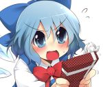  1girl aki_(akikaze_asparagus) blue_dress blue_eyes blue_hair blush bow box bust cirno determined dress face fang gift gift_box hair_bow ice ice_wings open_mouth shirt solo touhou valentine wings 