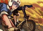  2boys bicycle bike_shorts blue_eyes blue_hair fingerless_gloves gloves hairy_legs helmet jp mach_go_go_go mifune_gou pan!ies pompadour redline sleeves_rolled_up snot sweat visor yellow_eyes 