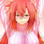  1girl arms_up blush breasts bust long_hair original red_eyes redhead ribbed_sweater smile solo sweater watarui_(artist) 