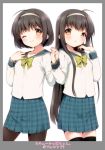  2girls :o ;) ahoge black_hair black_legwear bob_cut bow hairband holding_hands long_hair multiple_girls original pantyhose plaid plaid_skirt school_uniform serafuku short_hair skirt thigh-highs usashiro_mani wink zettai_ryouiki 