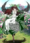  1girl alternate_costume bow brown_hair dress flower flying frills hair_bow hairband highres long_hair open_mouth red_eyes reiuji_utsuho shoes smile solo touhou wings 