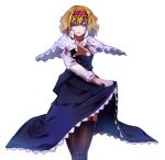  1girl alice_margatroid blonde_hair blue_eyes capelet dress garter_straps hairband open_mouth short_hair solo standing thigh-highs touhou uu_uu_zan white_background 