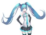  1girl aqua_eyes aqua_hair detached_sleeves gloves hands_on_hips hatsune_miku headphones long_hair necktie simple_background skirt smile solo thigh-highs twintails very_long_hair vocaloid white_background yucca-612 