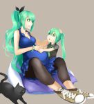  2girls bracelet cat dress green_eyes green_hair hatsune_miku jewelry long_hair multiple_girls necktie open_mouth ponytail pregnant shoes simple_background sitting twintails very_long_hair vocaloid young yuki_tarou 