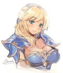 1girl angel_reina armor blonde_hair blue_eyes blush breasts bust cleavage commentary_request dated ear_studs earrings hair_ornament jewelry large_breasts long_hair mel/a pauldrons shingeki_no_bahamut solo 