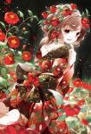  1girl blurry brown_eyes brown_hair chachi_(azuzu) depth_of_field dutch_angle flower from_behind hair_ornament japanese_clothes kimono light_particles looking_back open_mouth original seiza short_hair sitting smile solo 