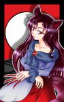  1girl animal_ears black_hair brooch dress fang fingernails frills imaizumi_kagerou jewelry long_hair long_sleeves open_mouth red_eyes solo tail touhou very_long_hair wolf_ears wolf_tail 