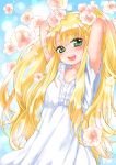  arms_up astarotte_ygvar blonde_hair blush dress flat_chest flower green_eyes long_hair looking_at_viewer lotte_no_omocha! mutou_mato open_mouth 