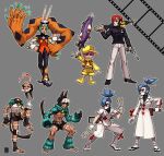  5boys abs alternate_costume animal_ears argyle argyle_legwear blood blue_hair brothers cat_ears cat_tail cerebella_(skullgirls) dark_skin doctor dual_wielding emlan genderswap gun hair_over_one_eye handgun highres luger_p08 multiple_boys nadia_fortune ninja pants parasoul_(skullgirls) pistol red_eyes scalpel siblings skullgirls surgical_mask tail topknot umbrella umbrella_(skullgirls) valentine_(skullgirls) vice-versa_(skullgirls) weapon 